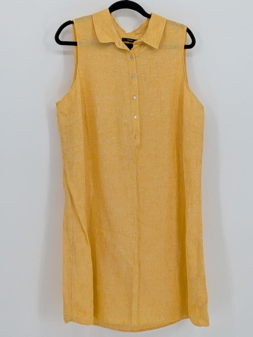Tahari Size 1X Yellow 100% Linen Sleeveless Button Front Popover Shirt Dress